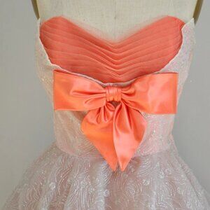 Vintage 1950s Silver Peach Tulle Sleeveless Party Prom Cupcake Dress w/ Bow XS